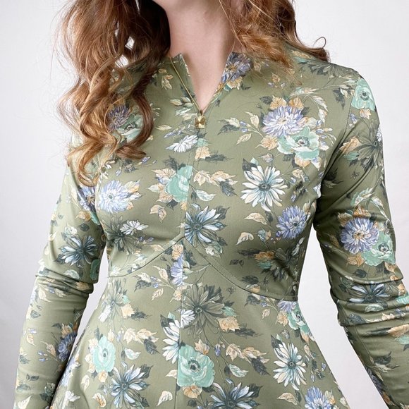 Vintage Union Made 60s 70s Floral Midi Dress Long Sleeve Fit & Flare Romantic - Picture 2 of 8